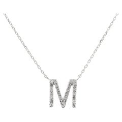 14K White Gold Round Cut Diamond Initial "M" Pendant Necklace