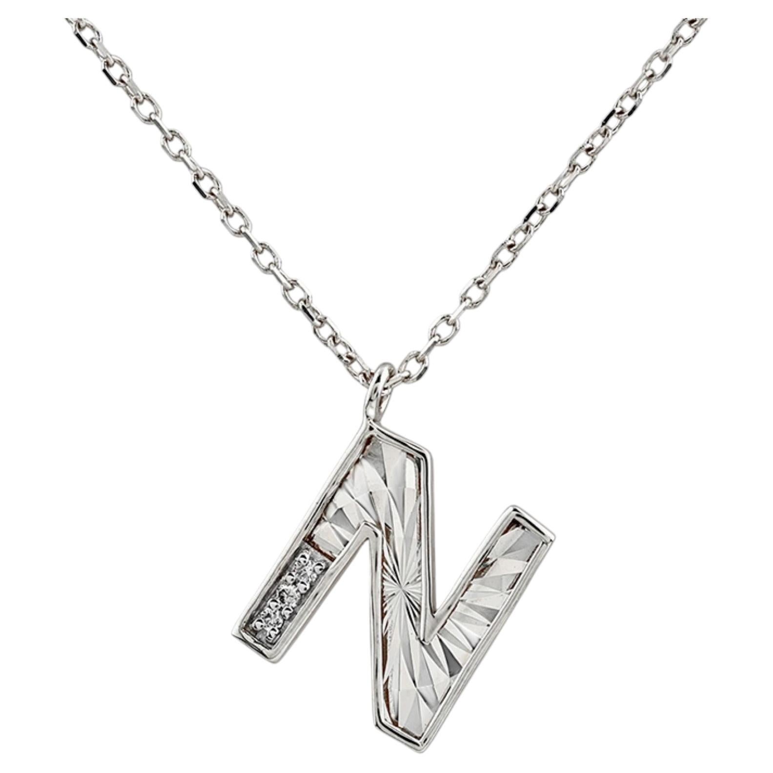 14K White Gold Round Cut Diamond Initial "N" Pendant Necklace