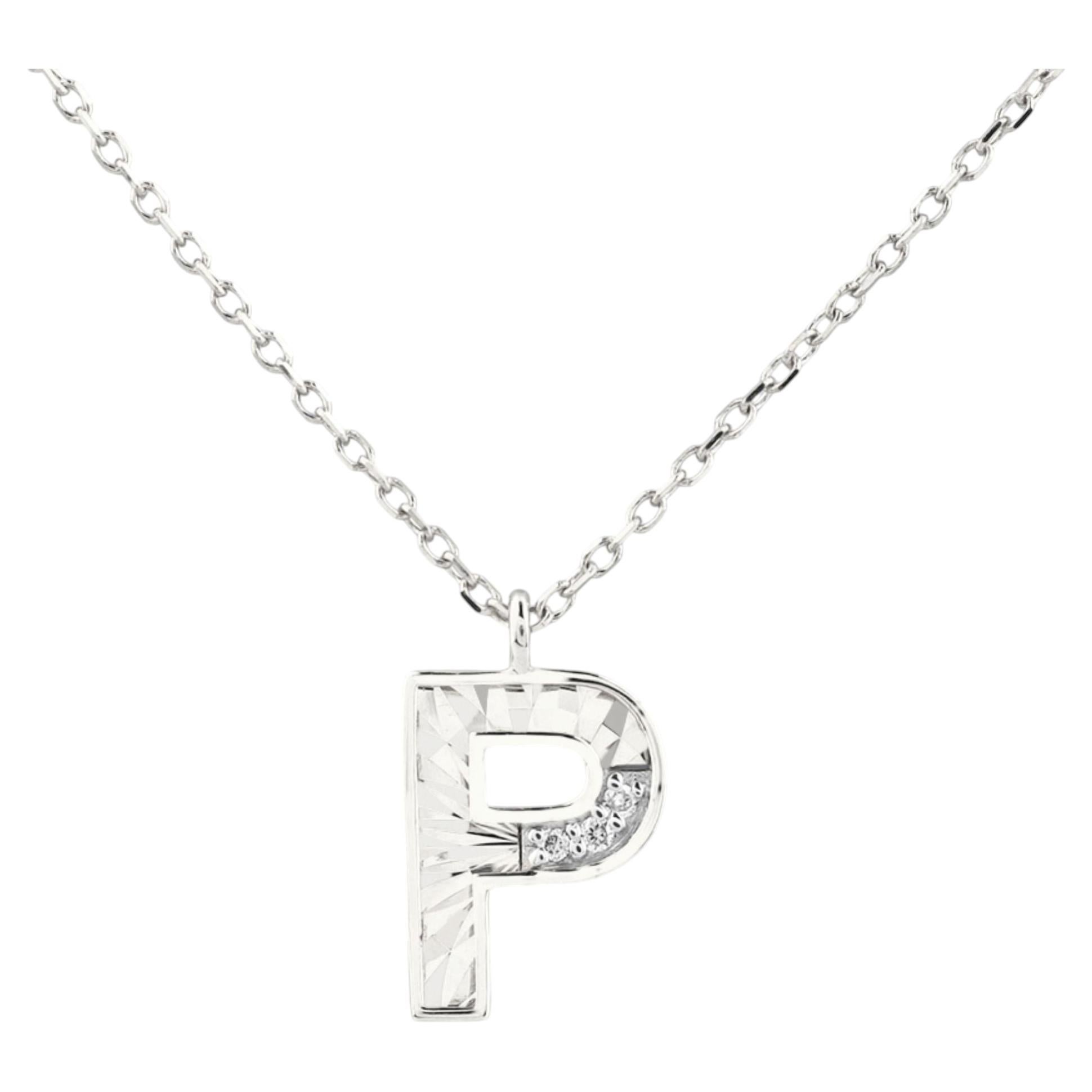 14K White Gold Round Cut Diamond Initial "P" Pendant Necklace For Sale