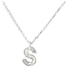 14K White Gold Round Cut Diamond Initial "S" Pendant Necklace