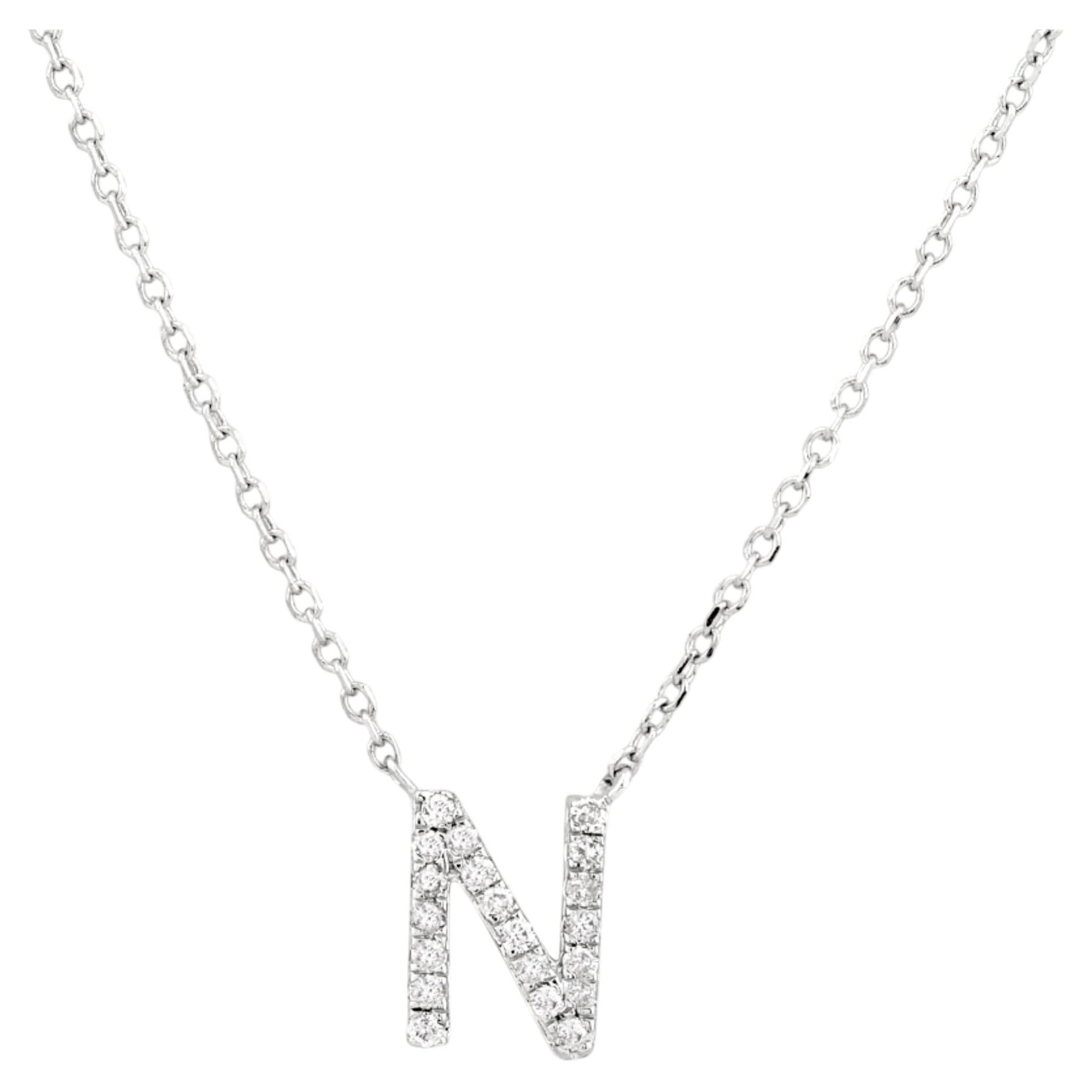 14K Weißgold Rundschliff Diamant Pave Initial "N" Anhänger Halskette