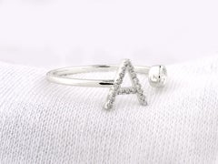 14K White Gold Round Cut Diamond Radiant Initial "A" Open Wrap Ring