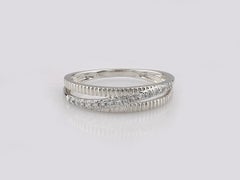 14K White Gold Round Cut Diamond Ribbed Crossover Ring