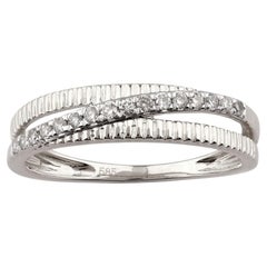 14K White Gold Round Cut Diamond Ribbed Crossover Ring