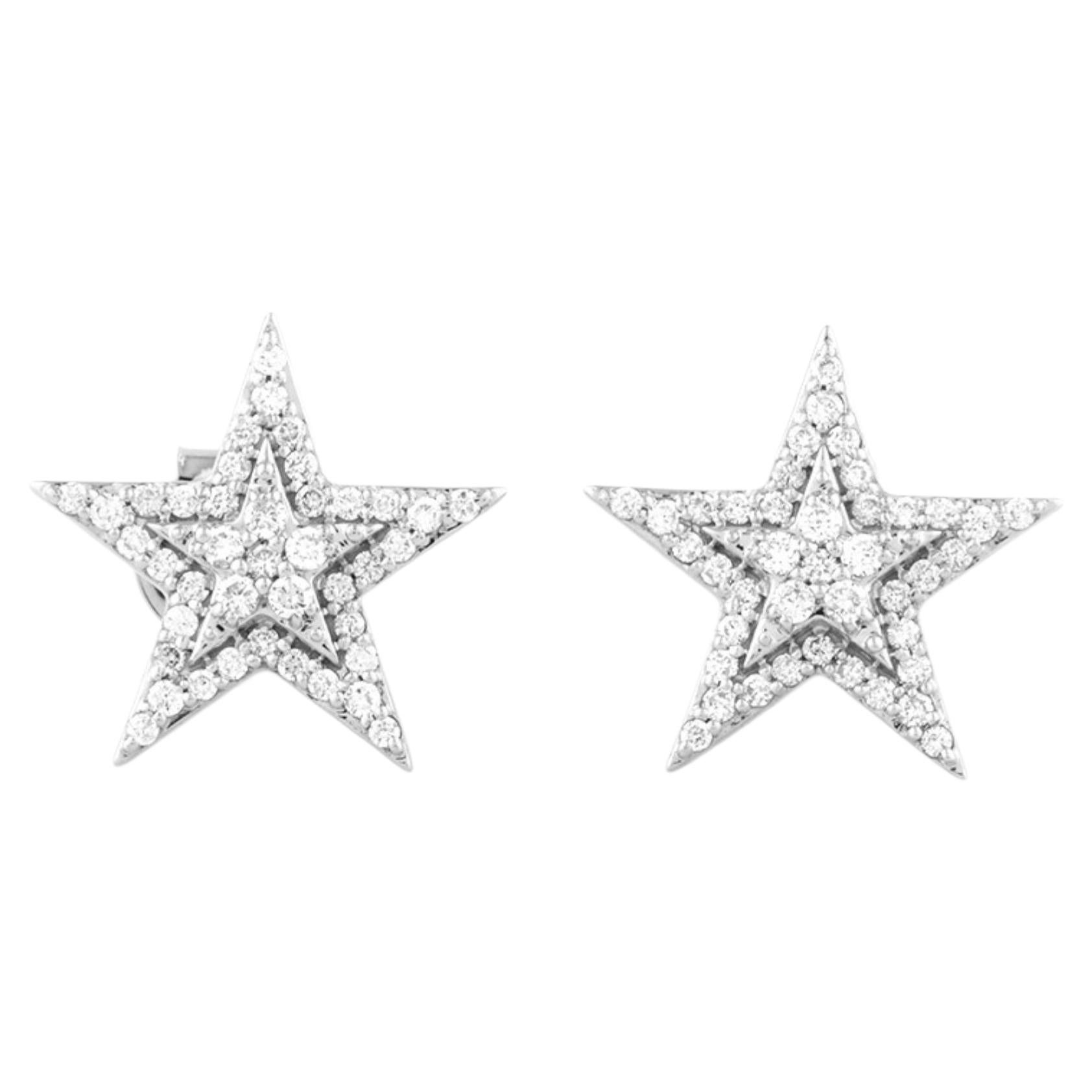 14KT White Gold Round Cut Diamond Star Stud Earrings For Sale