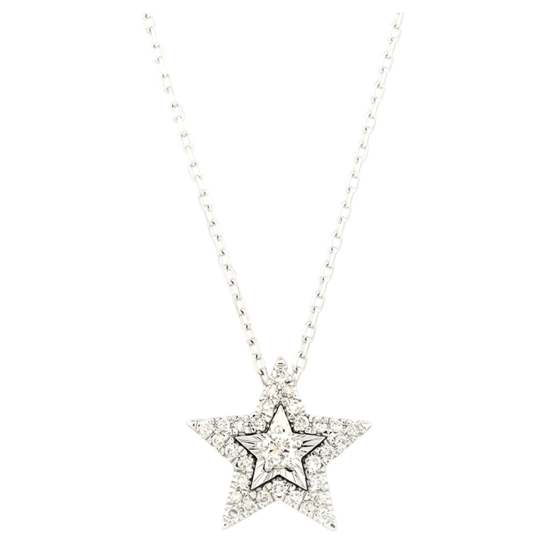 14K White Gold Round Cut Diamond Tiered Star Pendant Necklace