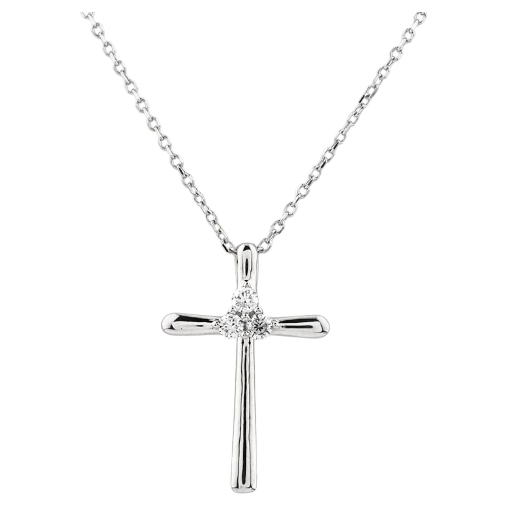 14K White Gold Round Cut Diamond Trinity Tapered Cross Pendant