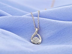 14K White Gold Round Cut Diamond Twist Cluster Pendant Necklace