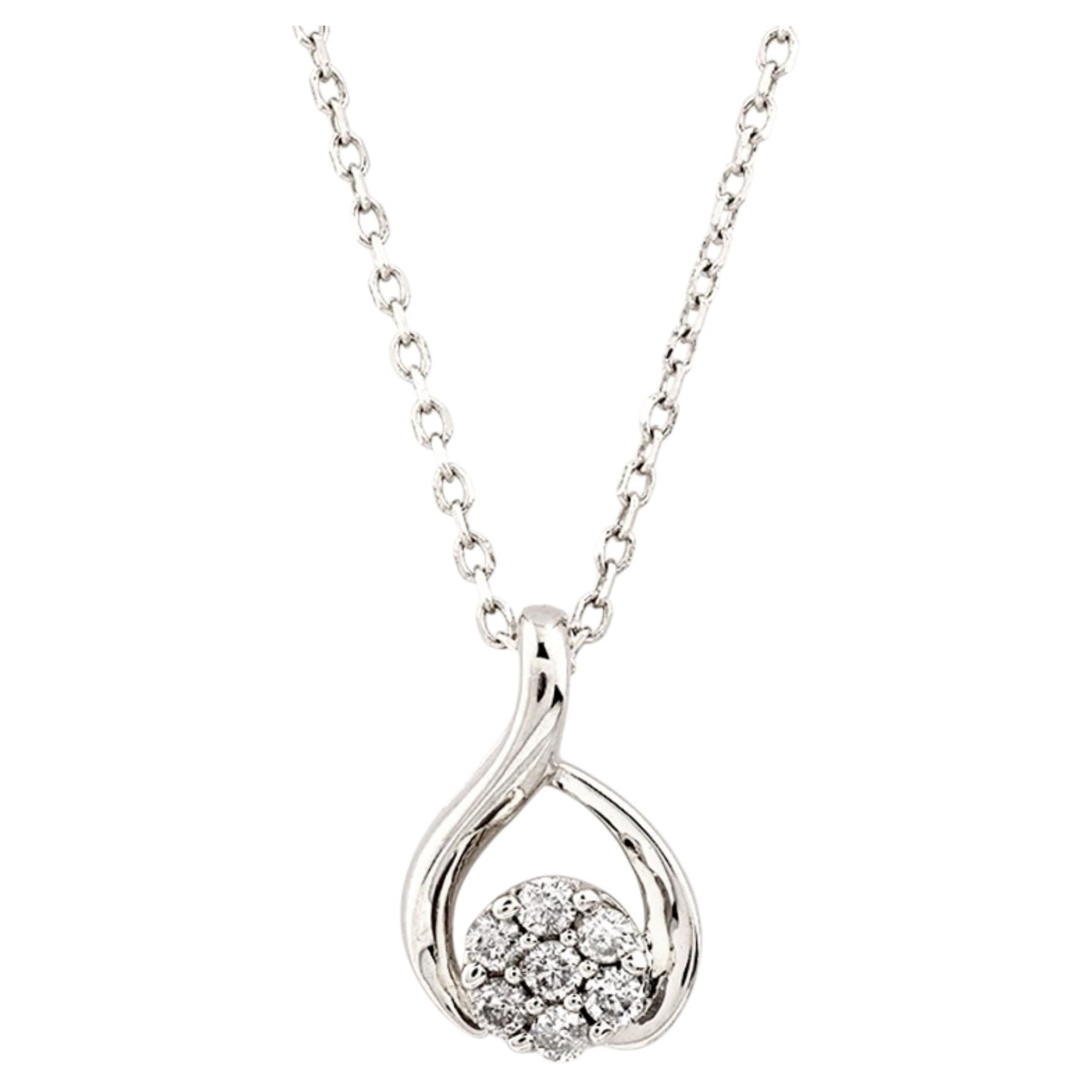 14K White Gold Round Cut Diamond Twist Cluster Pendant Necklace