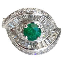 Vintage 14k White Gold Round Cut Emerald and Diamond Cluster Ring
