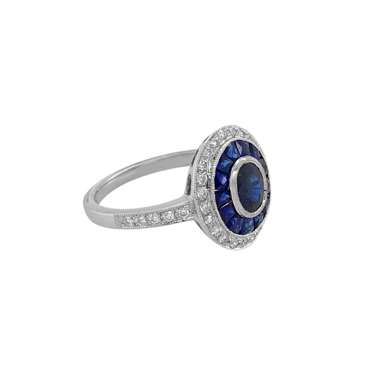 Art Deco at its best, using French calibre cut Precious Gemstones.

New World Technology meets Old World Styles!

Material: 14K White Gold
Hallmark: 14K JH
Metal Finish: High Polish
Ring Size: 6.5
Gemstone: Sapphire, Diamond
Sapphire Weight: 1.61