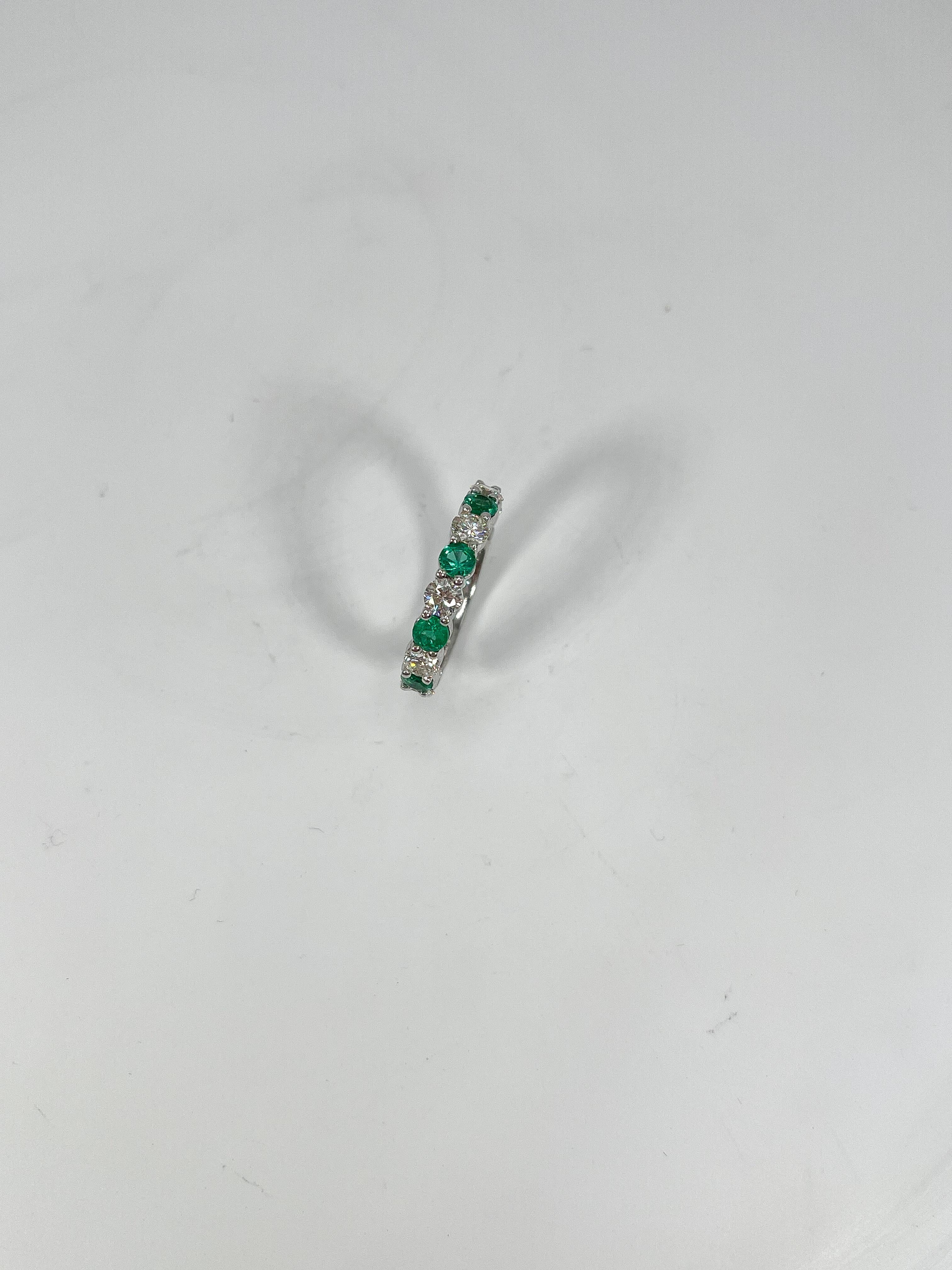 Round Cut 14K White Gold Round Diamond and Emerald Band 1.40 CTW  For Sale