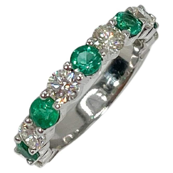 14K White Gold Round Diamond and Emerald Band 1.40 CTW 