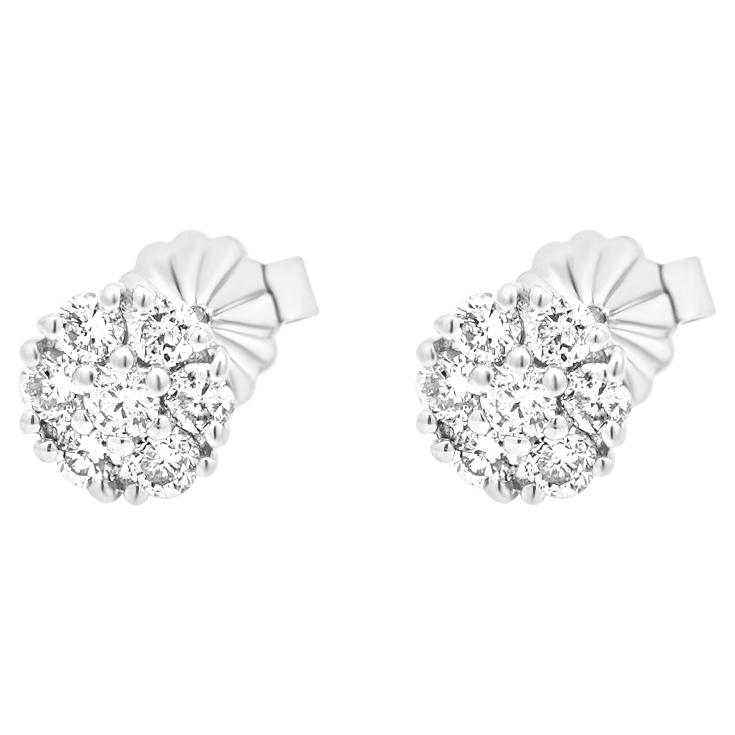 14K White Gold Round Diamond Cluster Stud Earrings