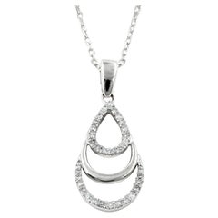14K White Gold Round Diamond Double Teardrop Pendant Necklace