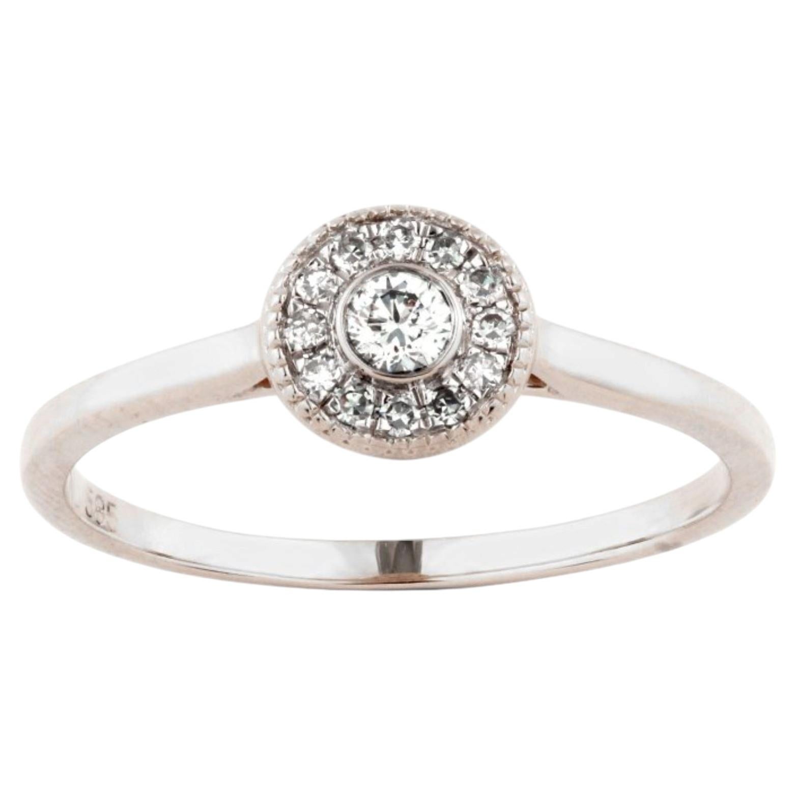 Runder Diamant-Halo-Ring aus 14-karätigem Weißgold mit Milgrain-Verzierung