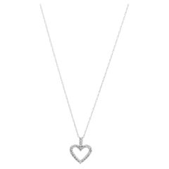 14K White Gold Round Diamond Open Heart Pendant Necklace 18.0"