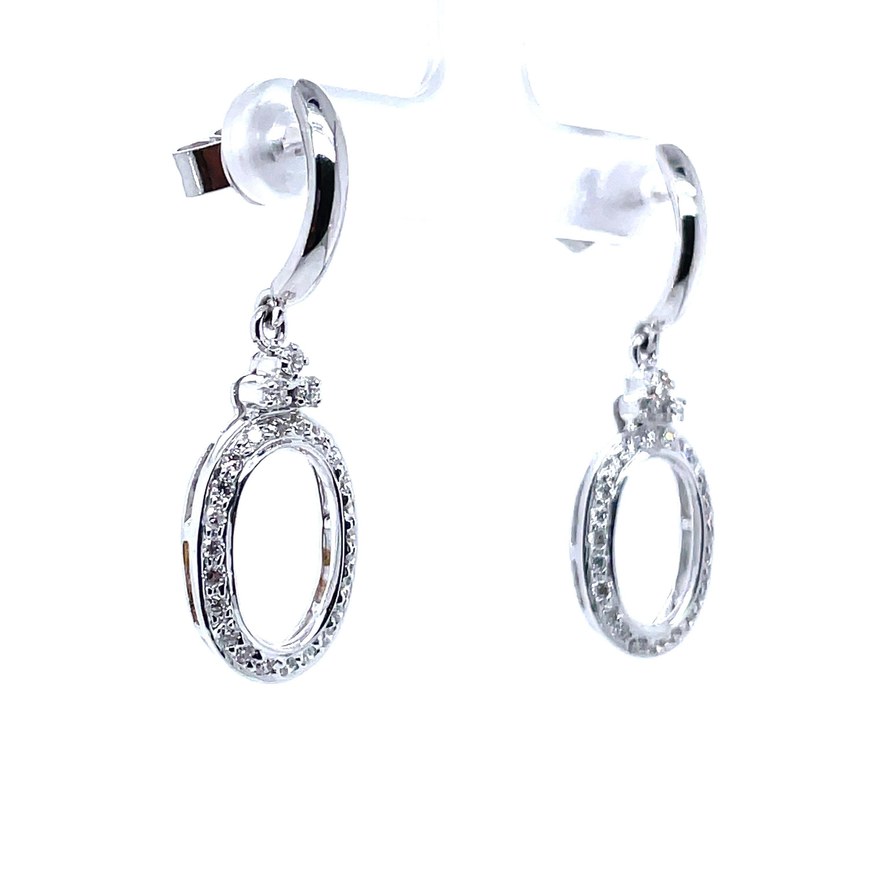14k White Gold Round Diamond Oval Dangle Earrings For Sale 4