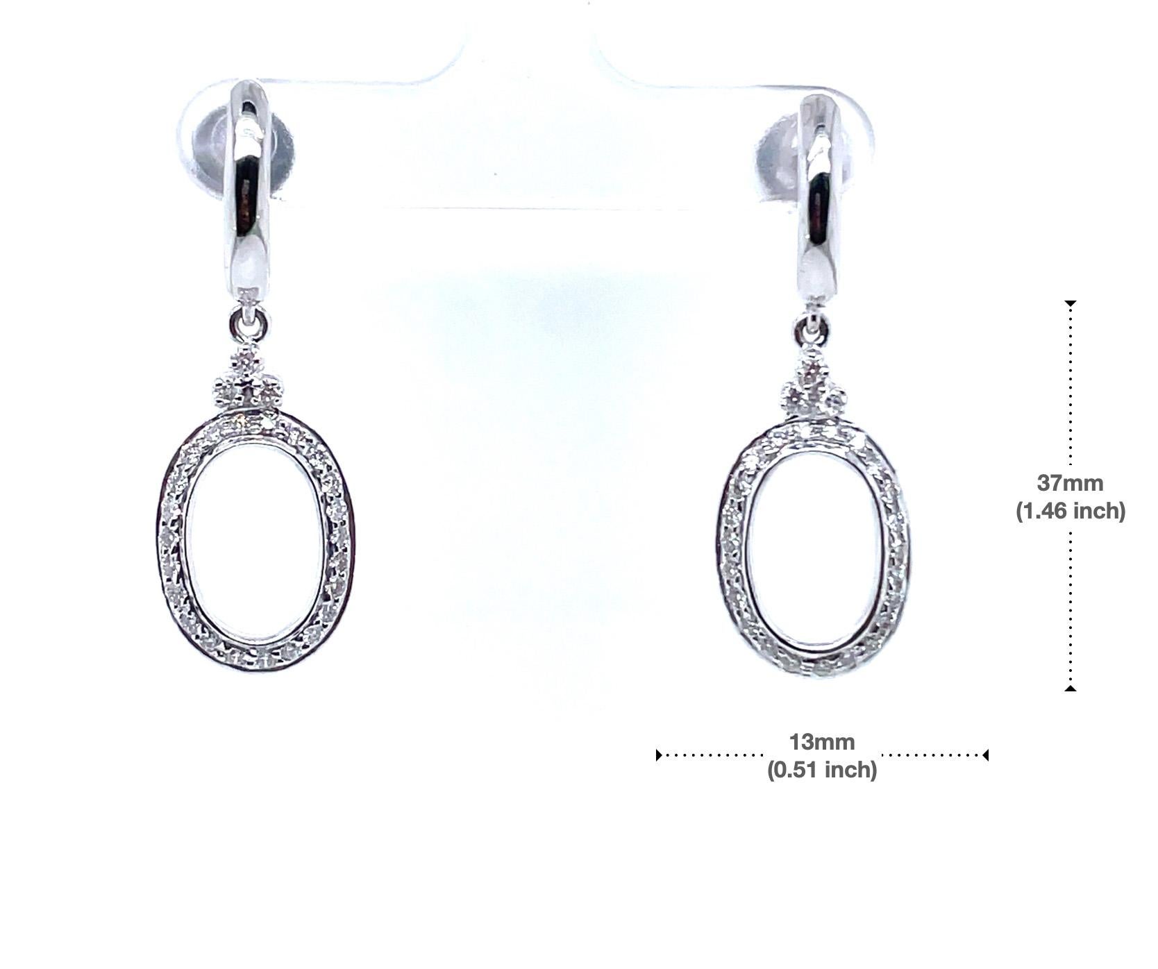 14k White Gold Round Diamond Oval Dangle Earrings For Sale 5