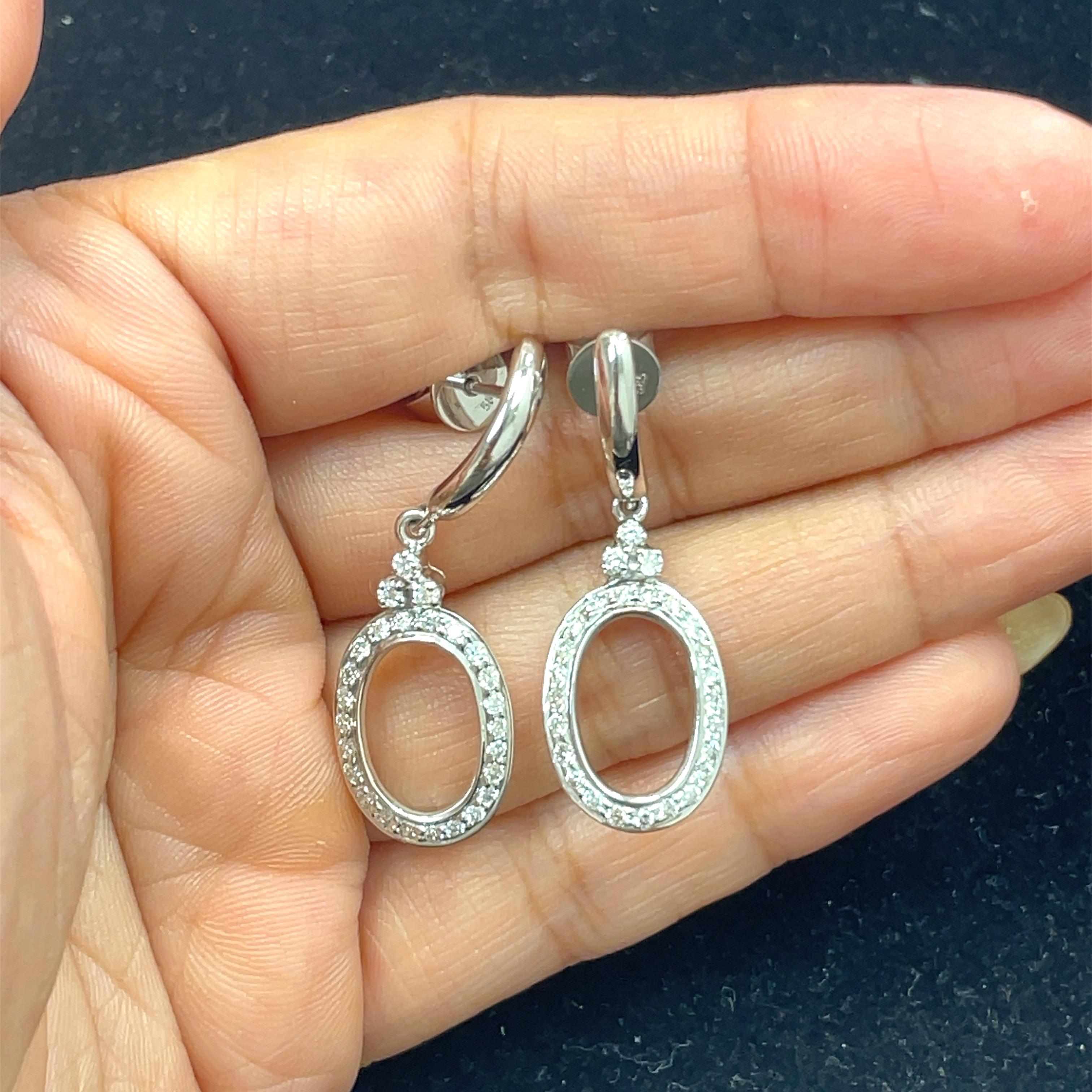 14k White Gold Round Diamond Oval Dangle Earrings For Sale 6