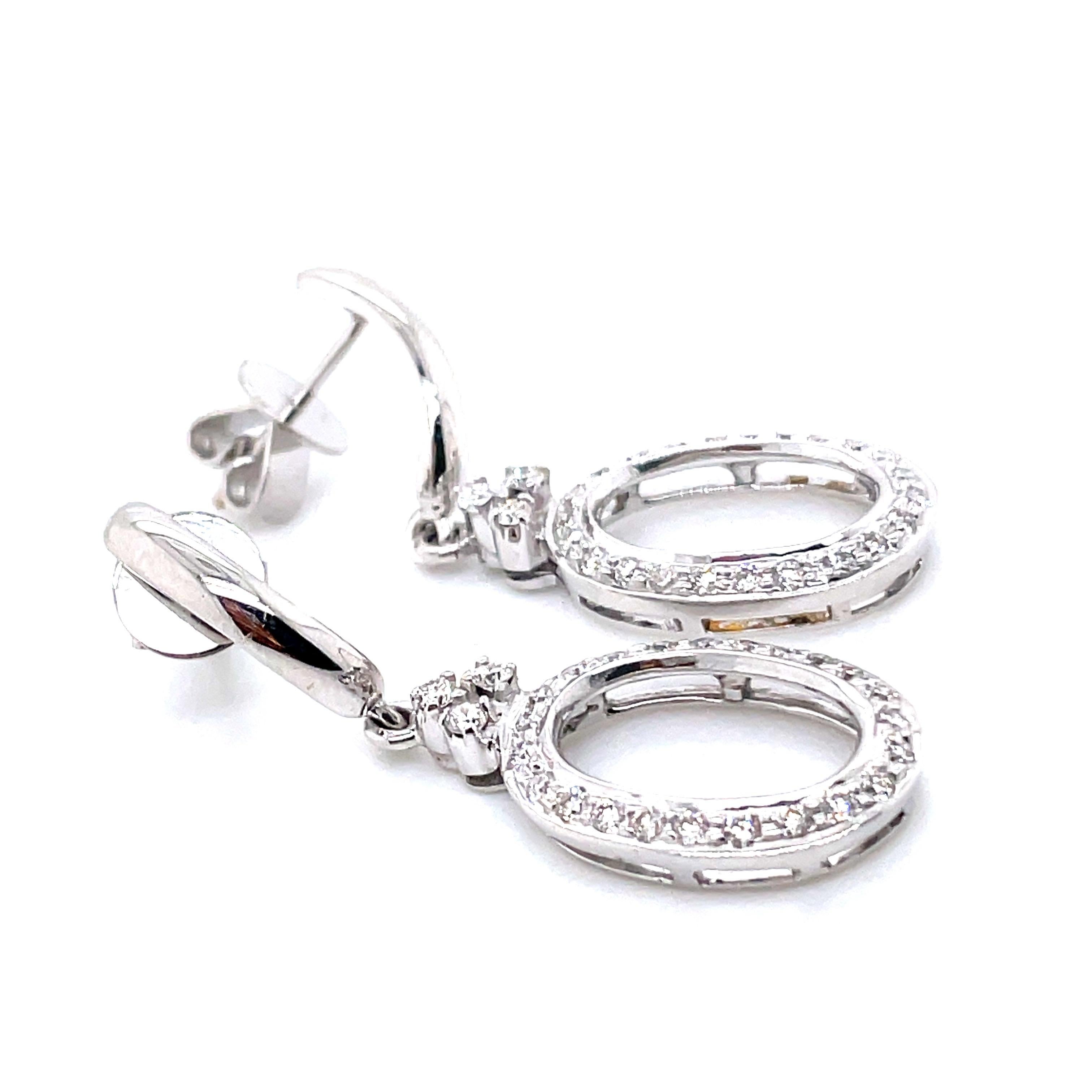 14k White Gold Round Diamond Oval Dangle Earrings For Sale 1