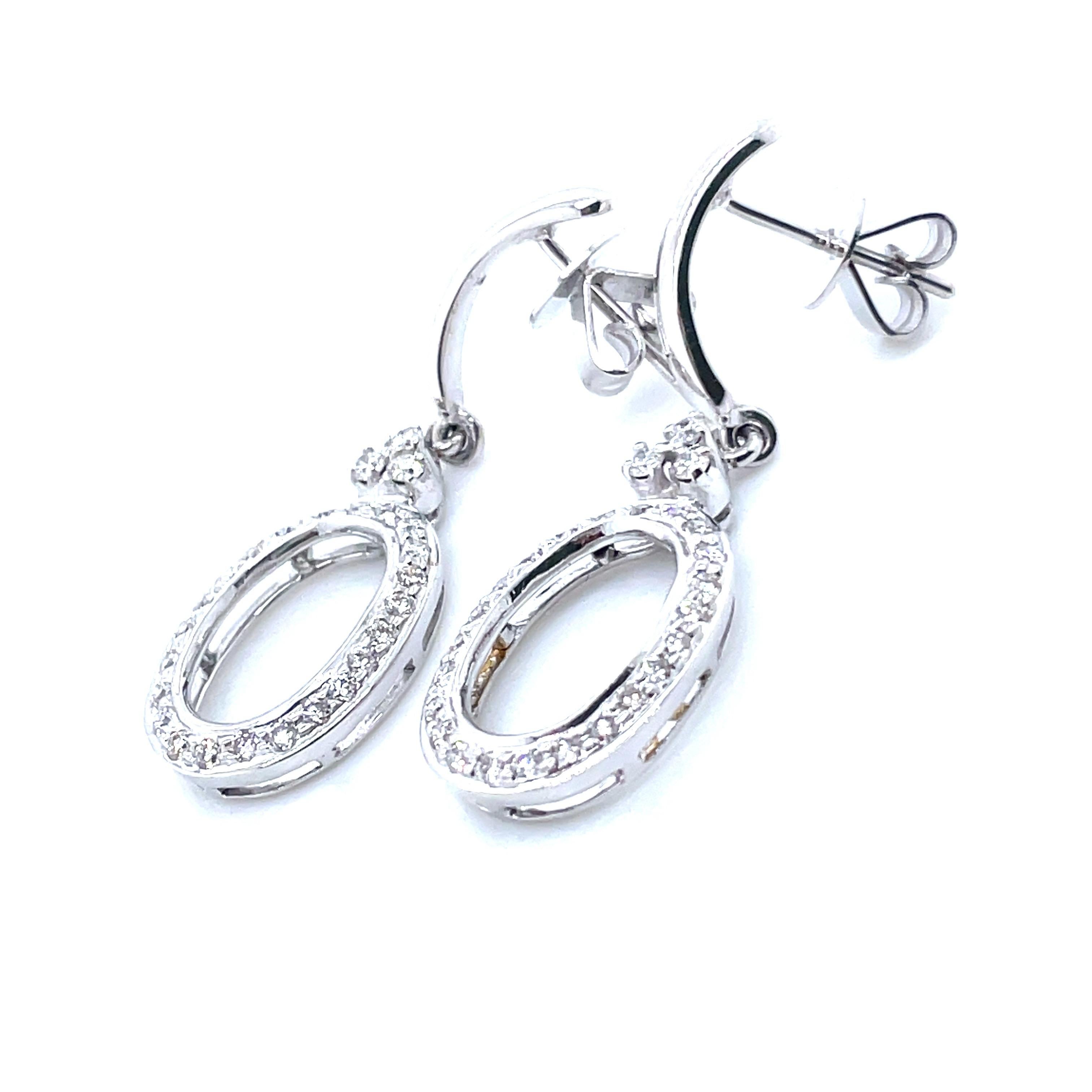 14k White Gold Round Diamond Oval Dangle Earrings For Sale 2