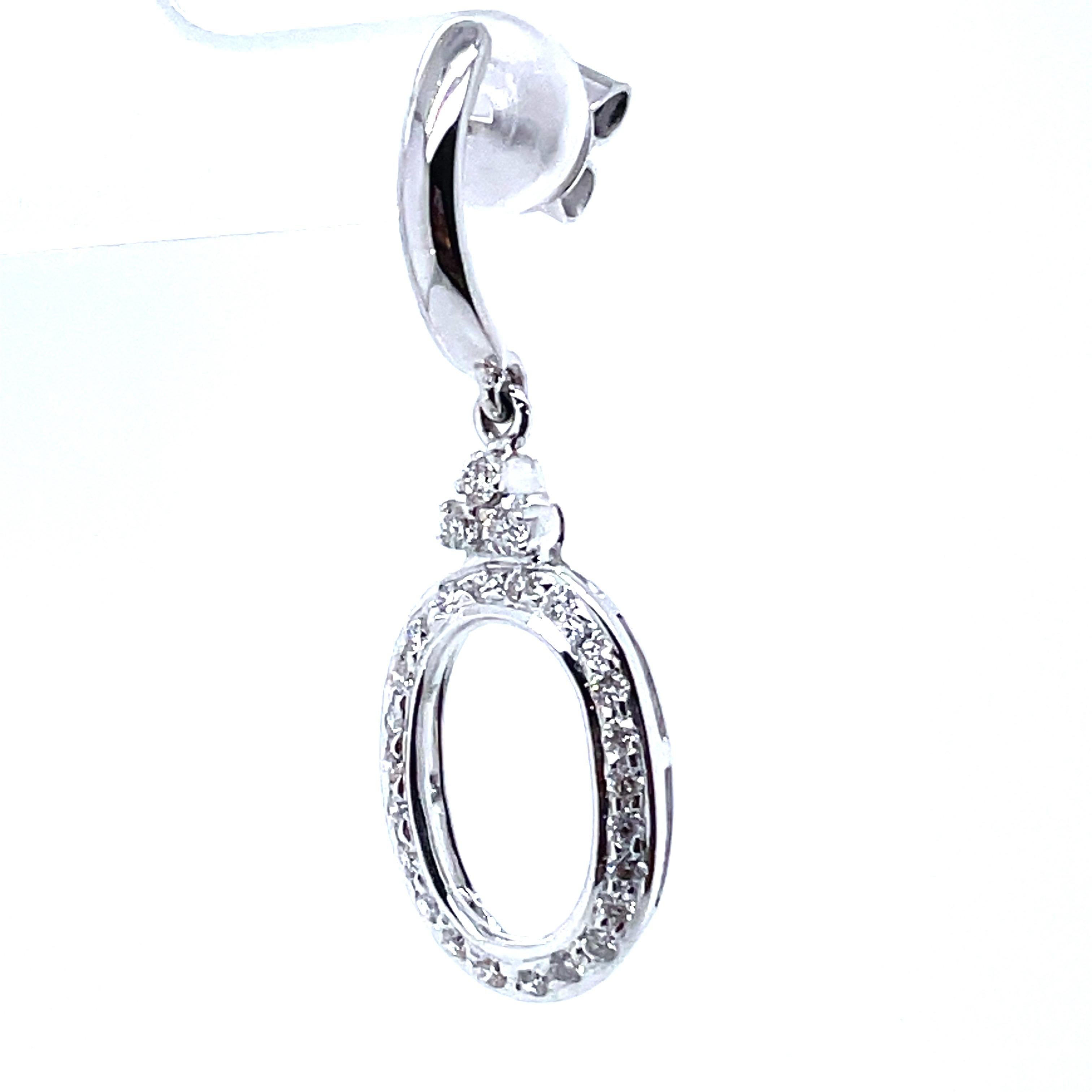 14k White Gold Round Diamond Oval Dangle Earrings For Sale 3