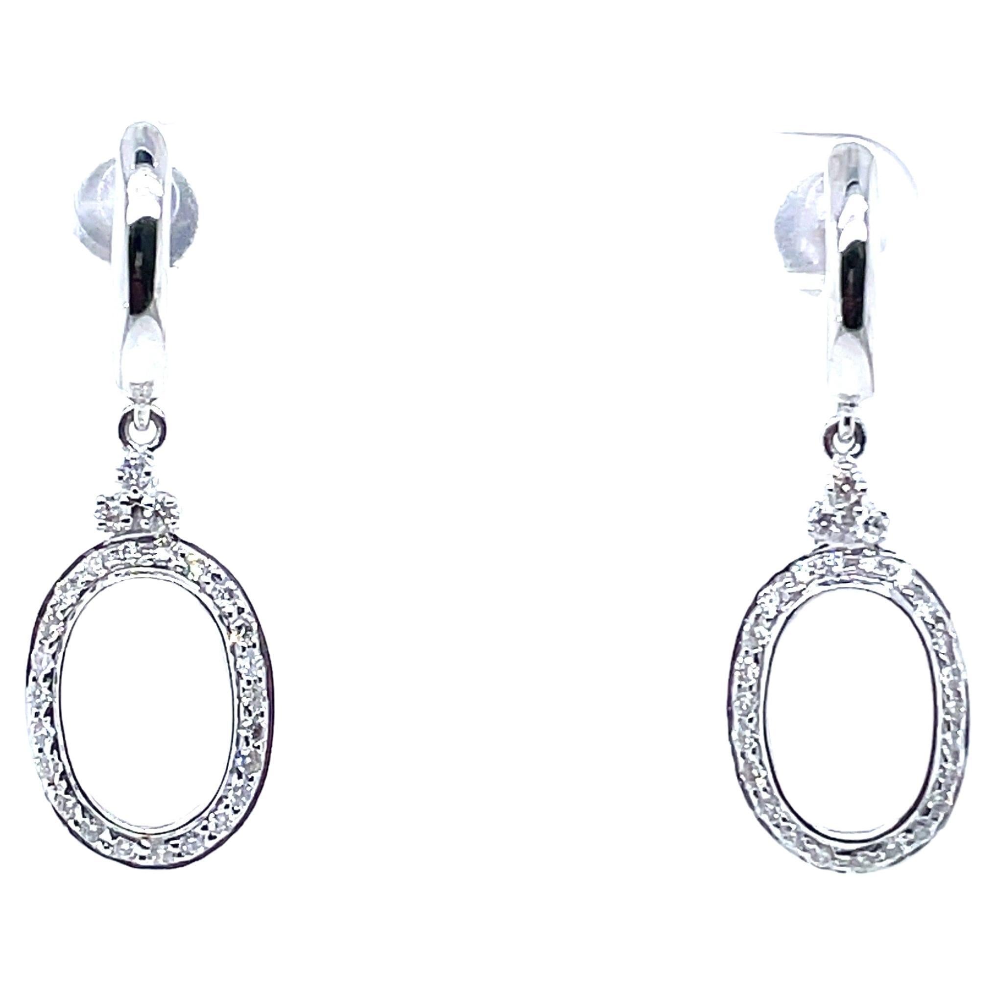 14k White Gold Round Diamond Oval Dangle Earrings For Sale