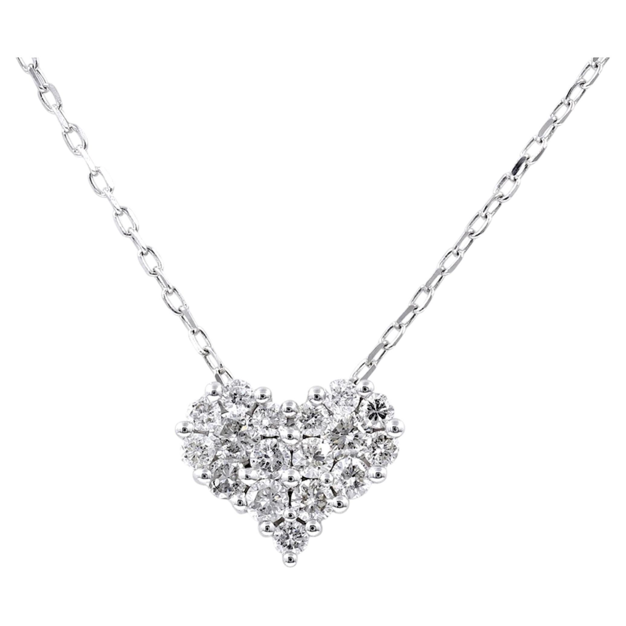 14K White Gold Round Diamond Pave Heart Cluster Pendant Necklace