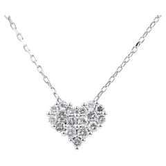 14K White Gold Round Diamond Pave Heart Cluster Pendant Necklace