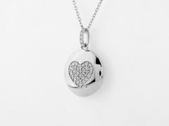 14K White Gold Round Diamond Pave Heart Disc Pendant Necklace