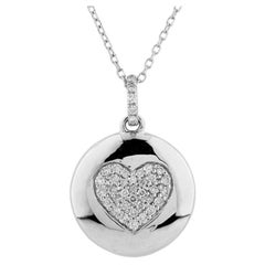 14K White Gold Round Diamond Pave Heart Disc Pendant Necklace
