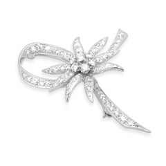 14K White Gold Round Diamond Ribbon Flower Brooch