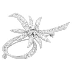 14K White Gold Round Diamond Ribbon Flower Brooch