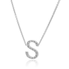 14K White Gold Round Diamond "S" Initial Necklace