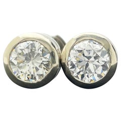 14k White Gold Round Diamond Stud Bezel Set Earrings, 1.34tcw