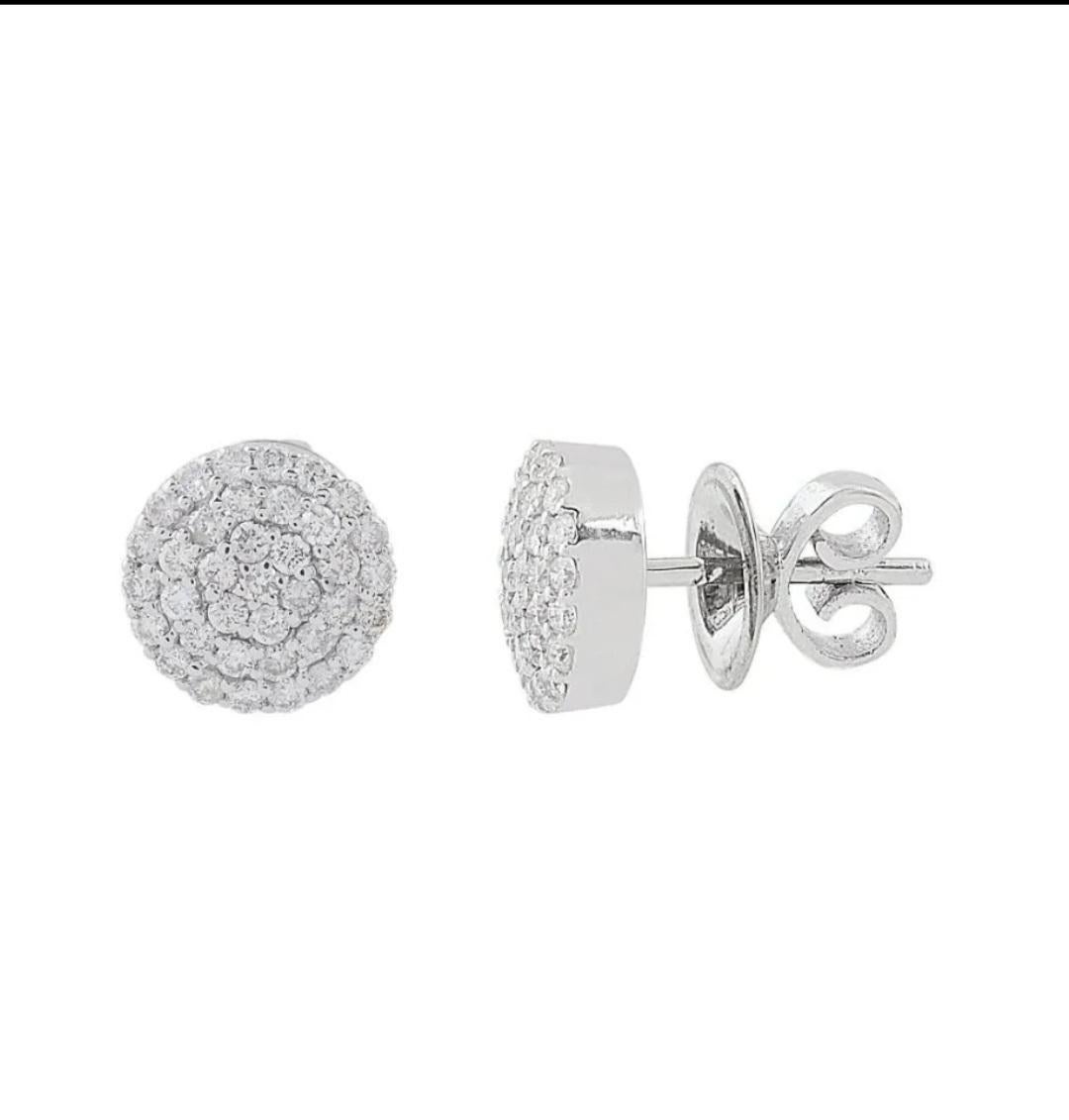 Art Deco 14K White Gold Round Diamond Stud Earrings Statement Jewelry Wedding Studs Gift. For Sale