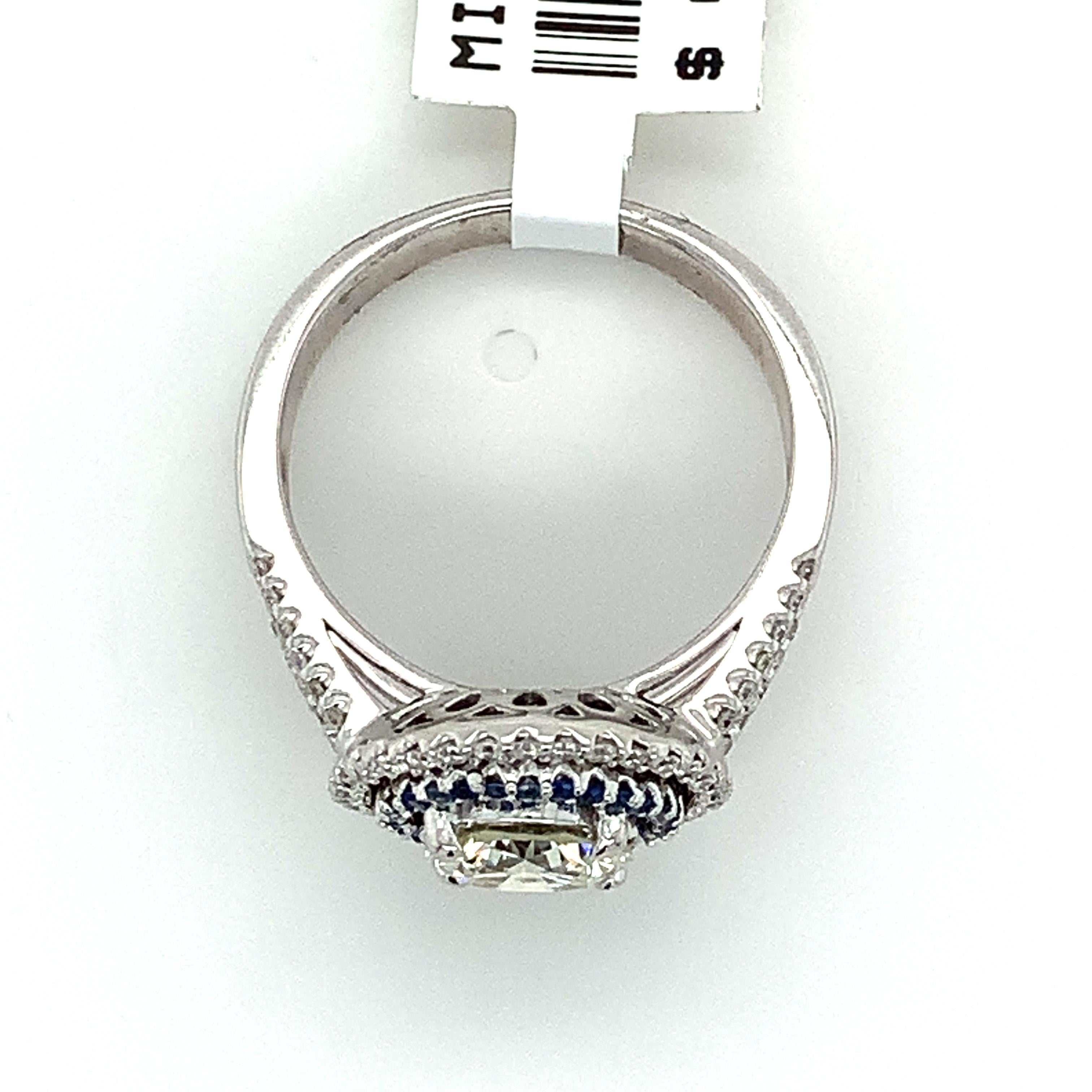 14k White Gold Round Diamond W/ Double Halo Sapphire & Diamond Engagement Ring 4