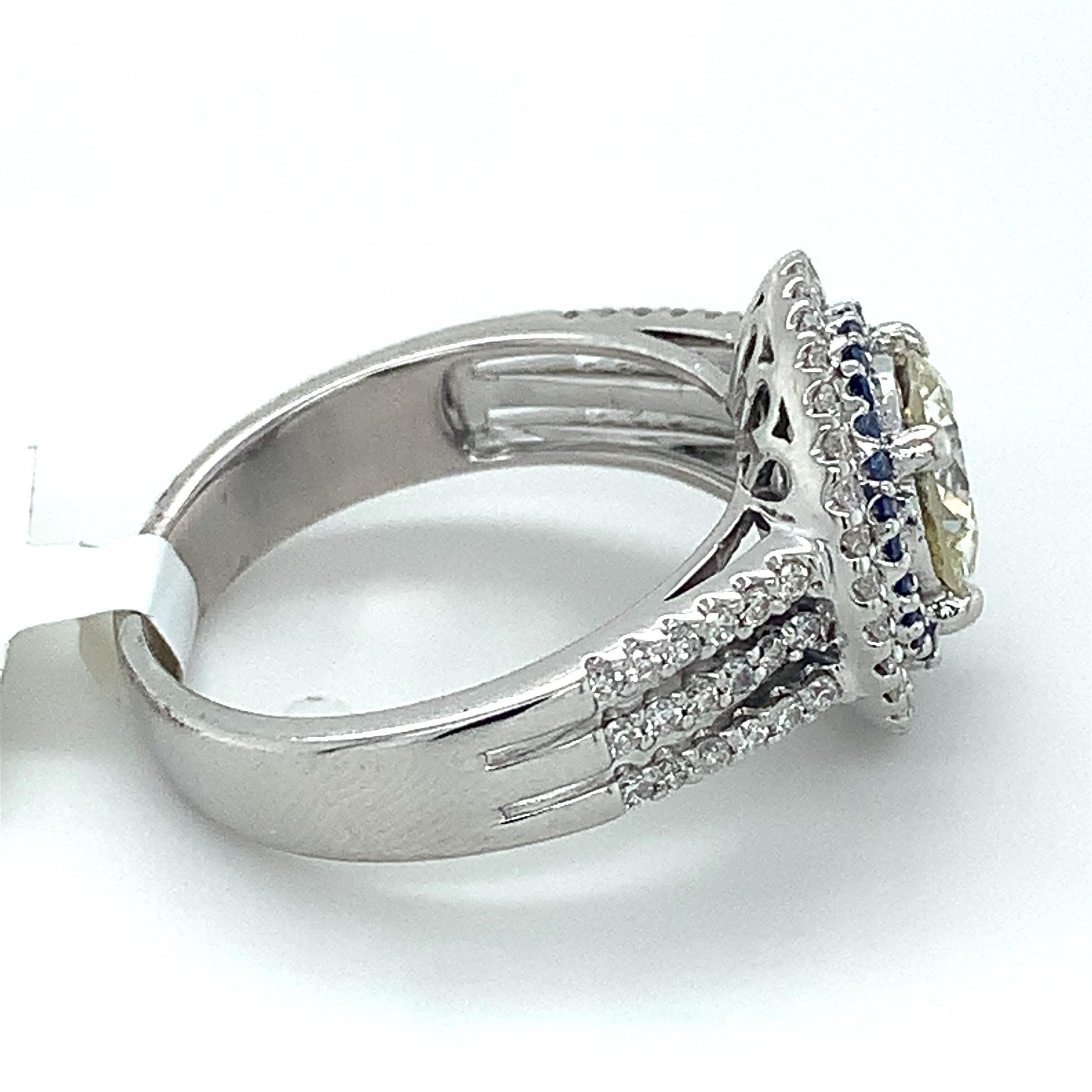 Round Cut 14k White Gold Round Diamond W/ Double Halo Sapphire & Diamond Engagement Ring