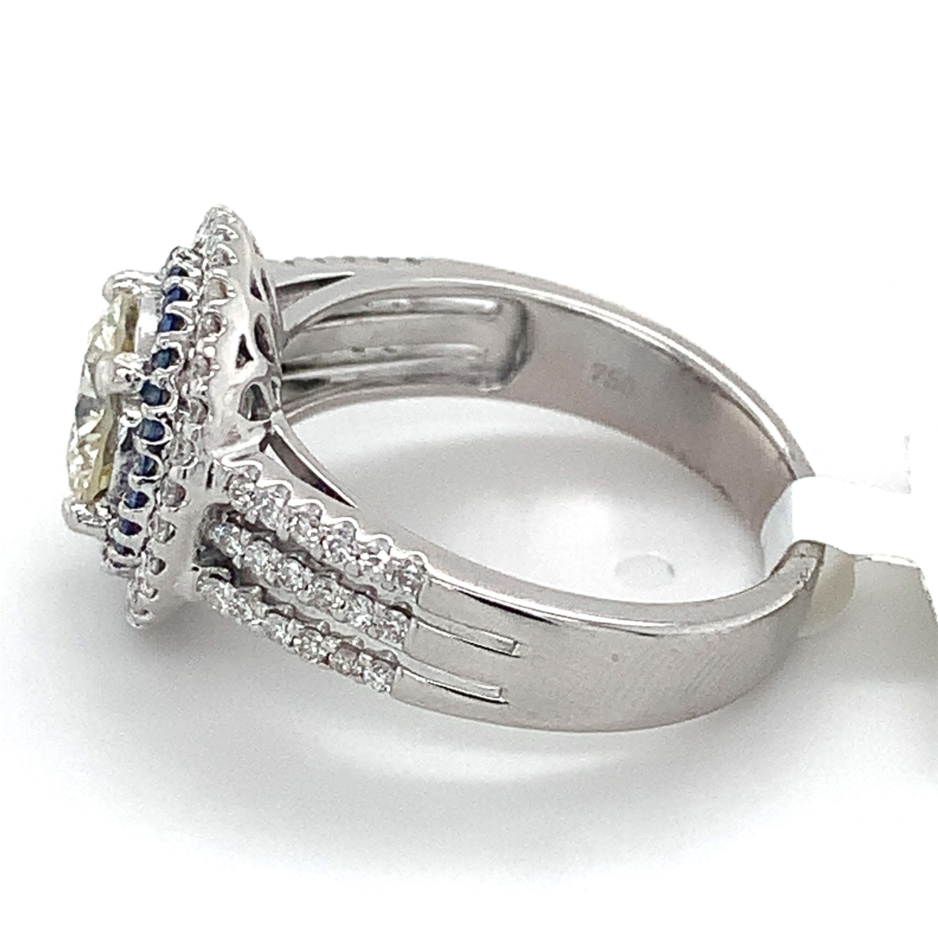 14k White Gold Round Diamond W/ Double Halo Sapphire & Diamond Engagement Ring 2