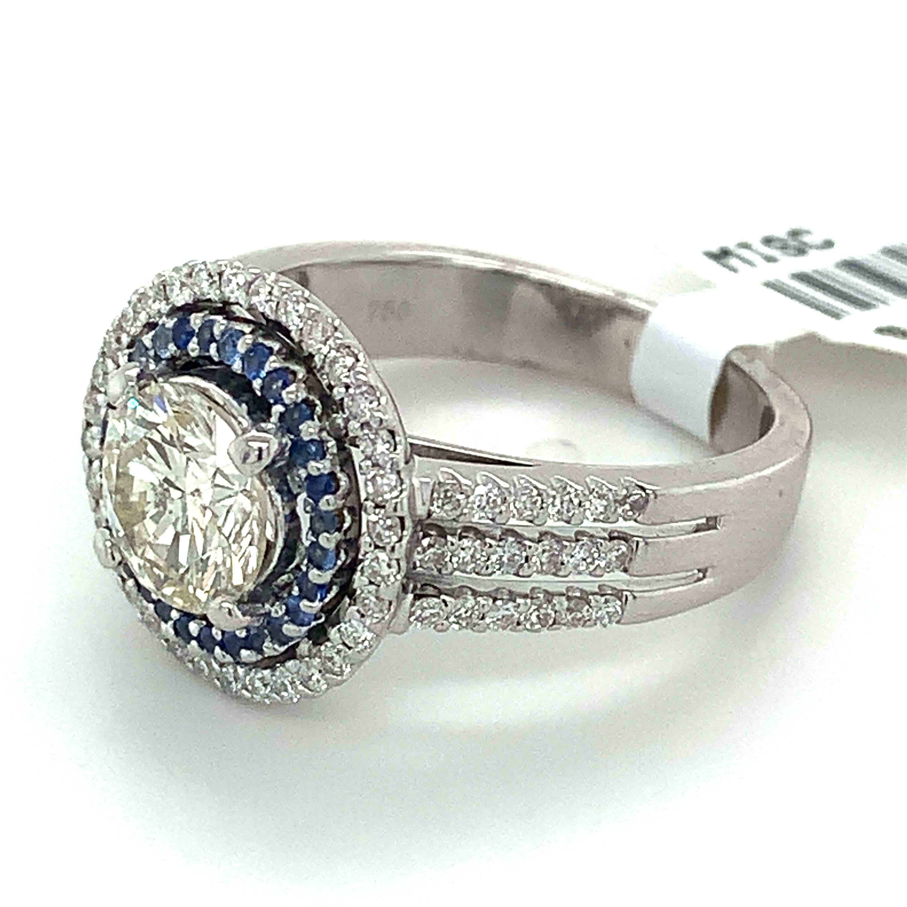 14k White Gold Round Diamond W/ Double Halo Sapphire & Diamond Engagement Ring 3