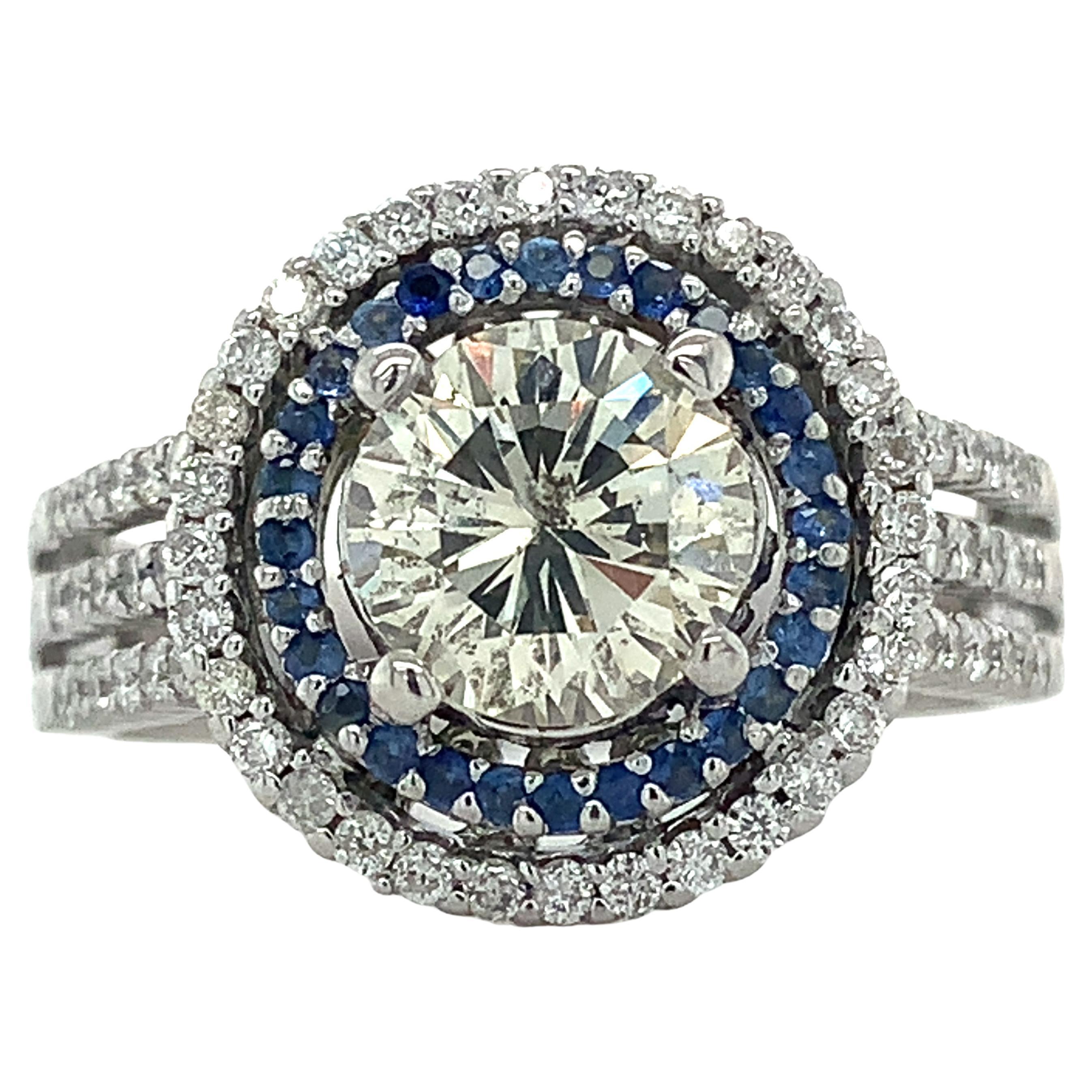 14k White Gold Round Diamond W/ Double Halo Sapphire & Diamond Engagement Ring