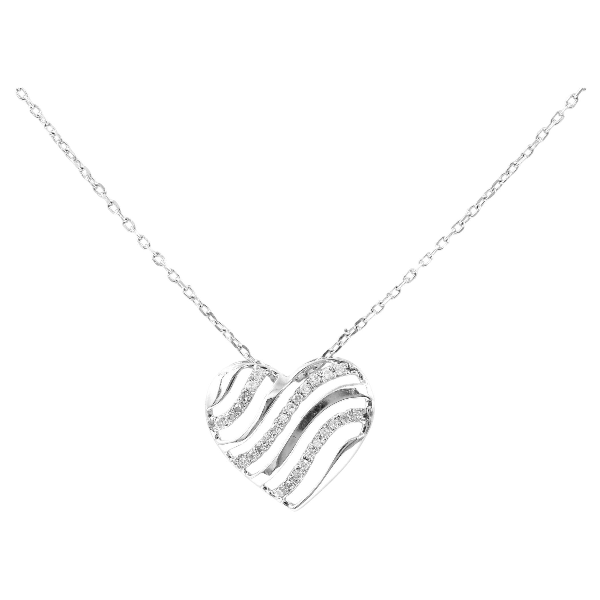 14K White Gold Round Diamond Wave Heart Pendant Necklace