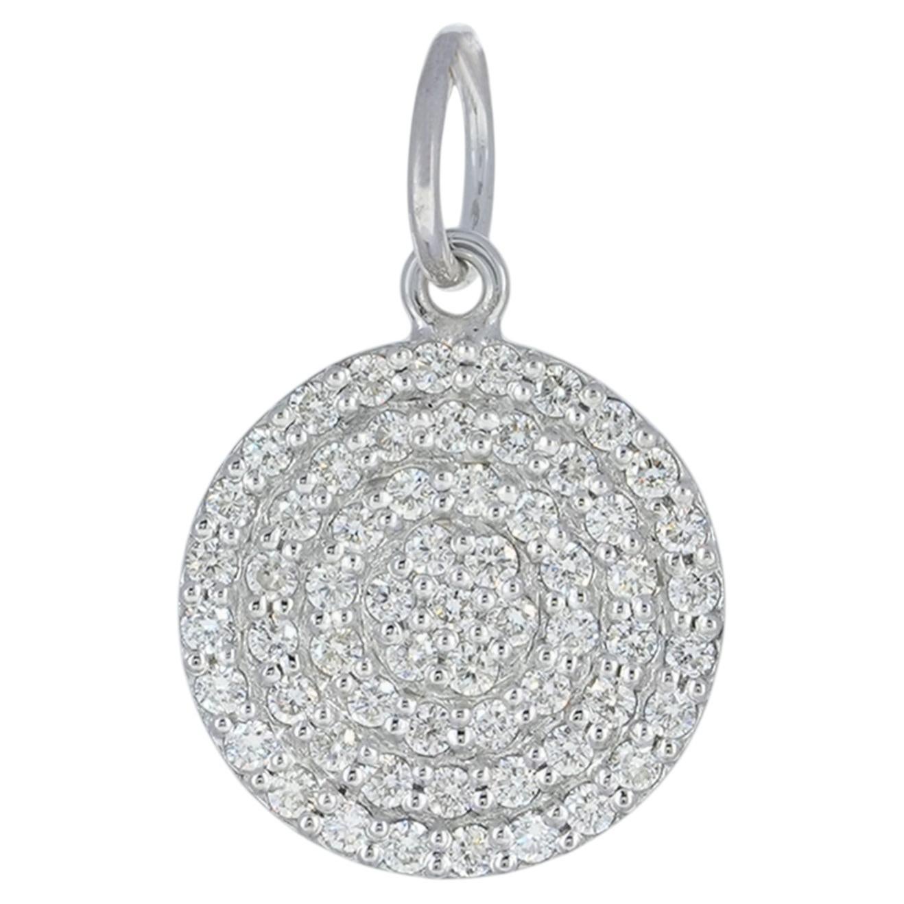 14K White Gold Round Disc Charm Natural Diamond Pendant Fine Jewelry