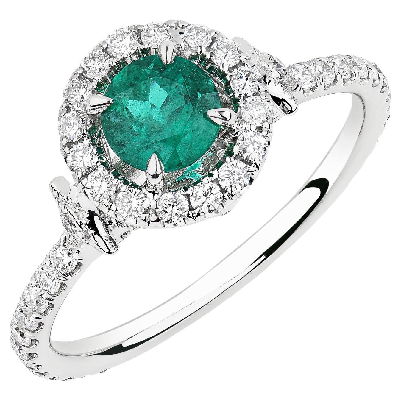 14K White Gold Round Emerald and Diamond Halo Ring For Sale