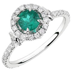 14K White Gold Round Emerald and Diamond Halo Ring
