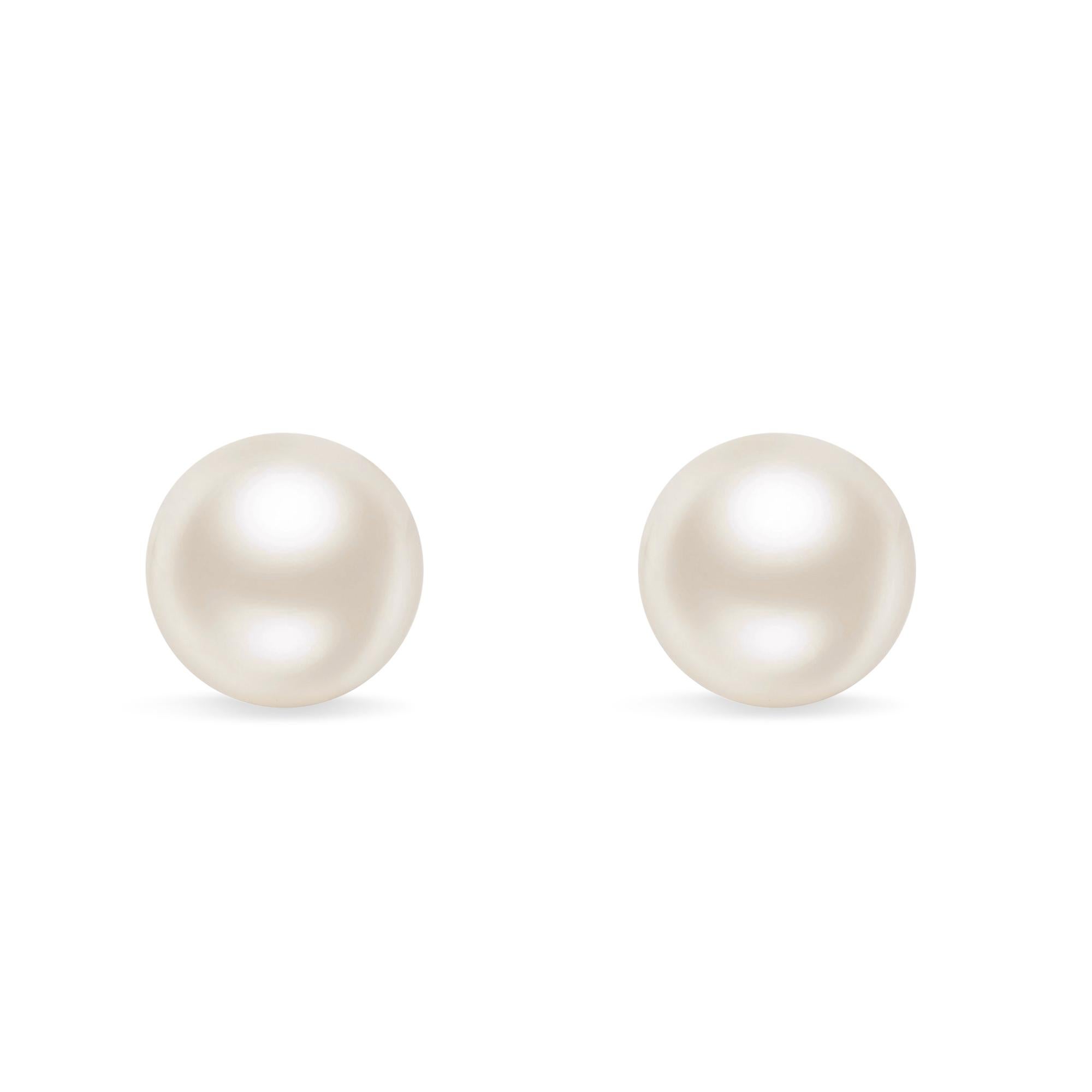 Contemporary 14K White Gold Round Freshwater Akoya Cultured AAA+ Quality Pearl Stud Earrings For Sale