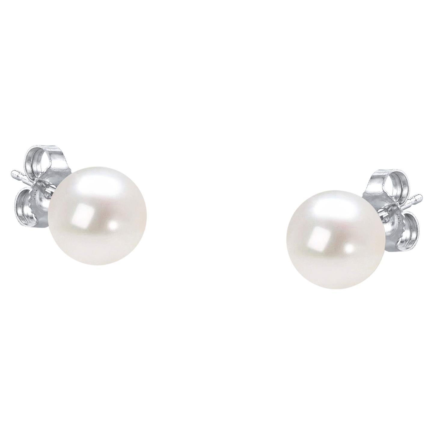 14K White Gold Round Freshwater Akoya Cultured AAA+ Quality Pearl Stud Earrings