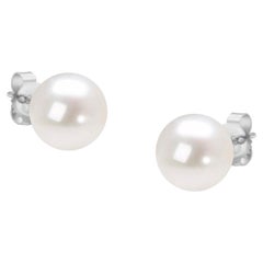 Vintage 14K White Gold Round Freshwater Akoya Cultured AAA+ Quality Pearl Stud Earrings