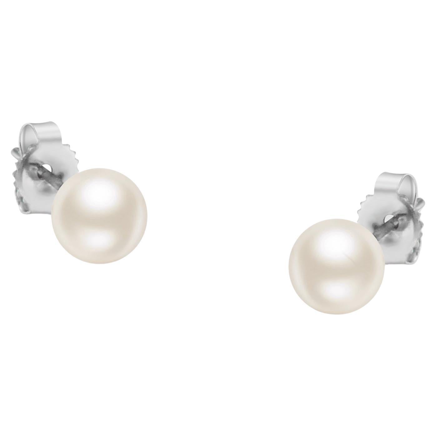 14K White Gold Round Freshwater Akoya Cultured AAA+ Quality Pearl Stud Earrings